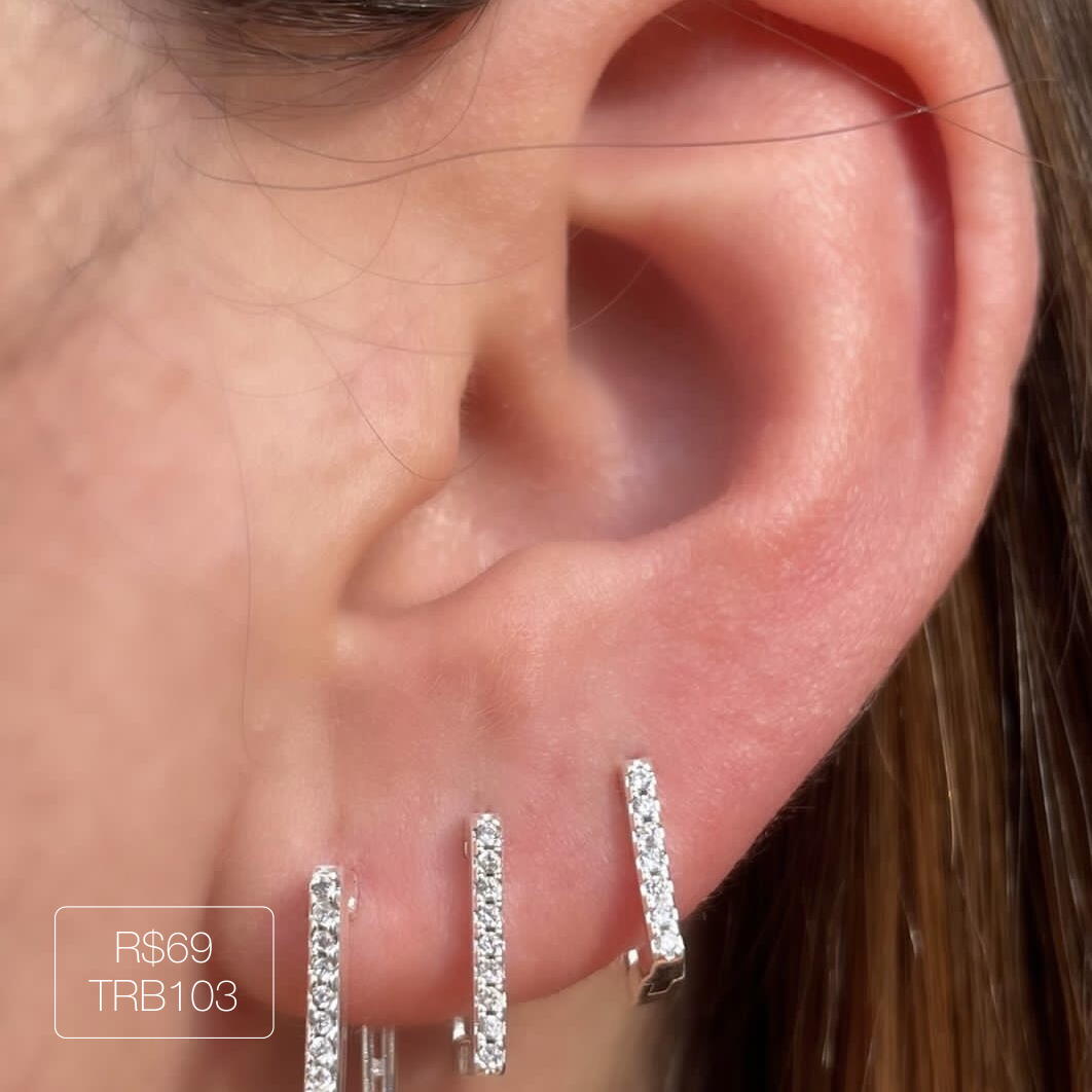 Trio Argola Quadrada Cravejada Delicada Cristal Prateada